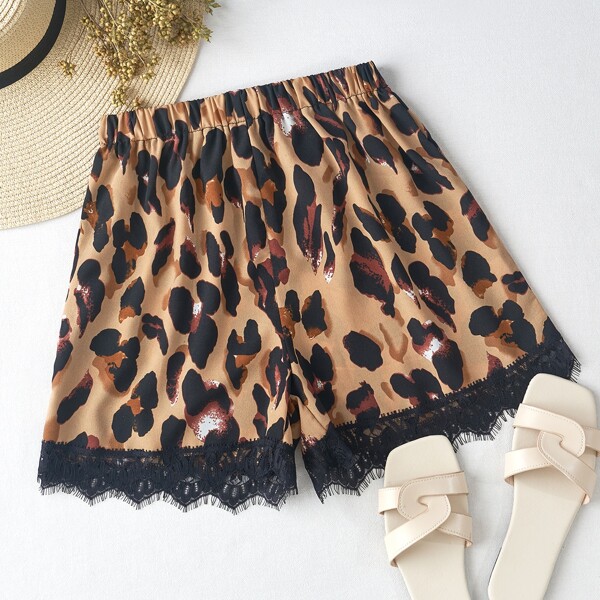 

Контрастные кружева Леопардовый Повседневный Шорты, Многоцветный