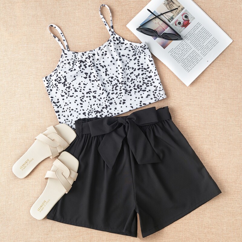 

Allover Print Cami & Belted Shorts, Black and white