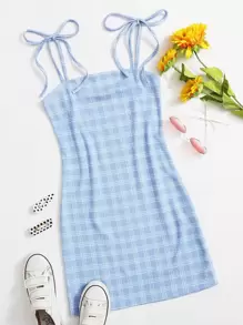 SHEIN MOD Knot Strap Plaid Bodycon Dress - Baby Blue - View 1