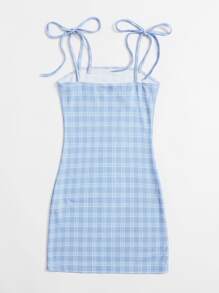 SHEIN MOD Knot Strap Plaid Bodycon Dress - Baby Blue - View 2
