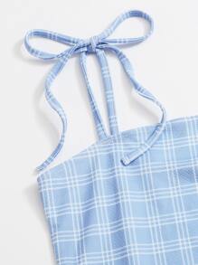 SHEIN MOD Knot Strap Plaid Bodycon Dress - Baby Blue - View 5