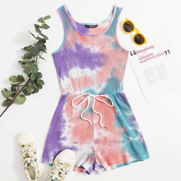 

Knot Waist Rib-knit Tie Dye Tank Romper, Multicolor