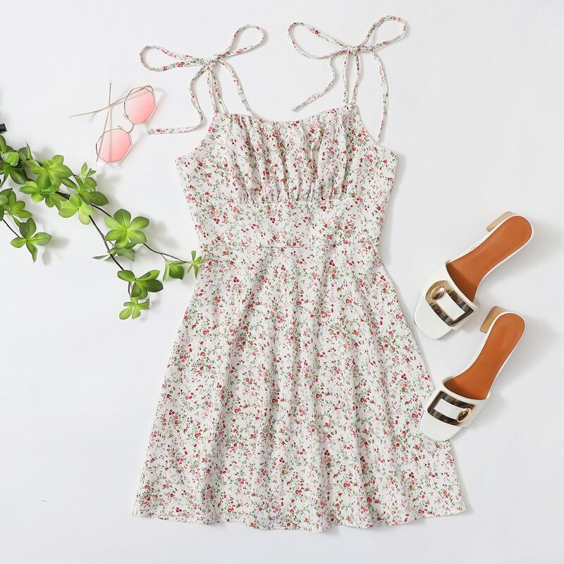 

Knot Shoulder Ruched Bust Ditsy Floral Dress, Multicolor