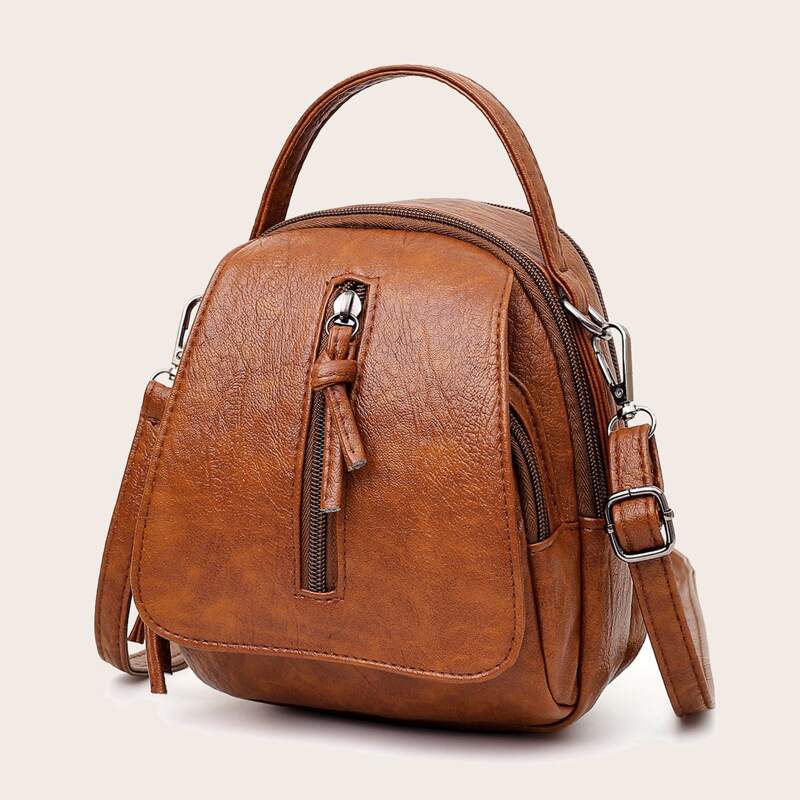 

Minimalist Zip Front Flap Satchel Bag, Brown