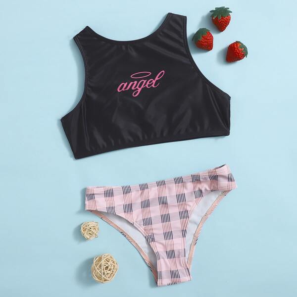 

Girls Letter Graphic & Plaid Bikini Swimsuit, Multicolor