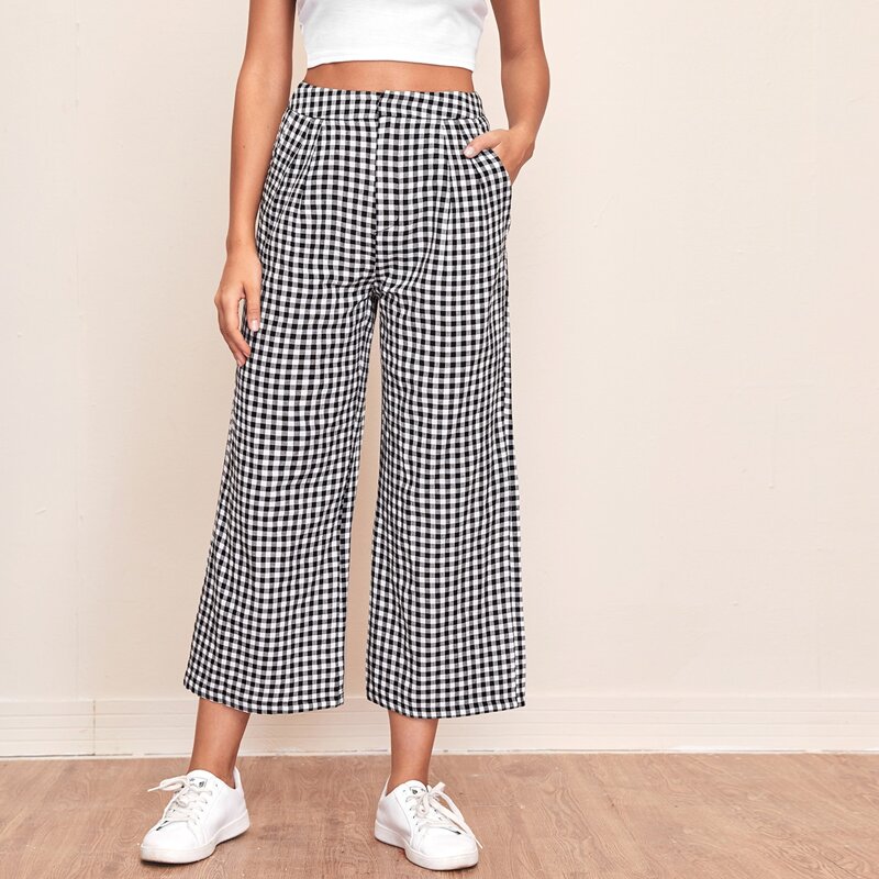 

Slant Pocket Gingham Palazzo Pants, Black and white