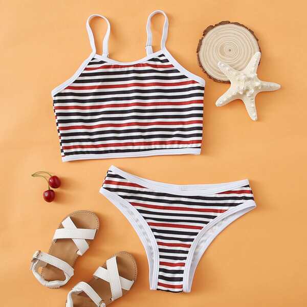 

Girls Striped Rib Bikini Swimsuit, Multicolor