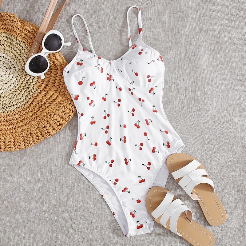 

Cherry Print One Piece Swimsuit, White