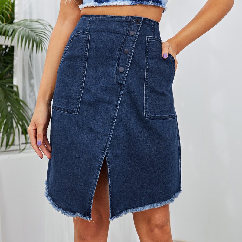 

Button Fly Slit Raw Hem Denim Skirt, Dark wash