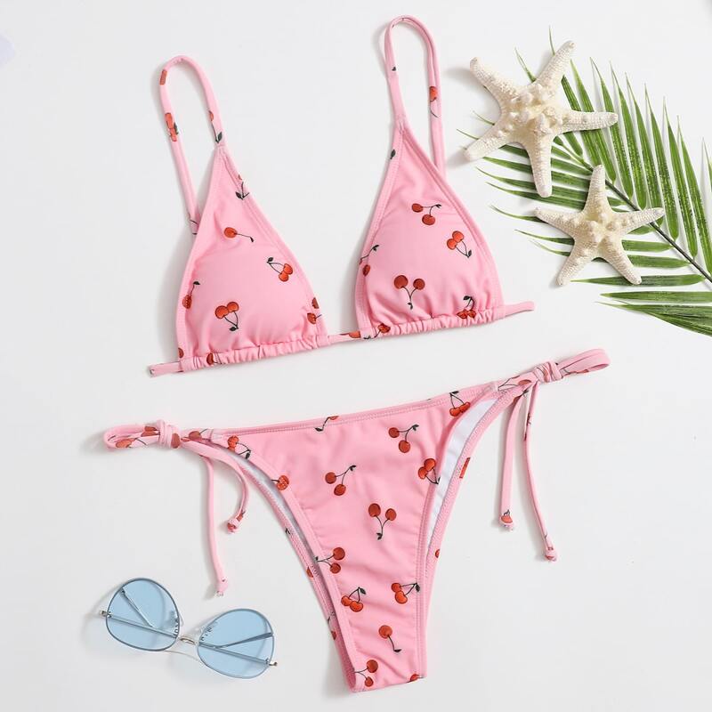 

Cherry Print Triangle Tie Side Bikini Swimsuit, Pastel baby pink