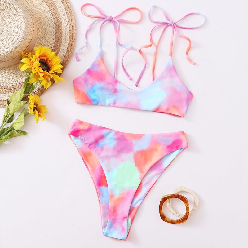 

Tie Dye Tie Shoulder Bikini Swimsuit, Multicolor
