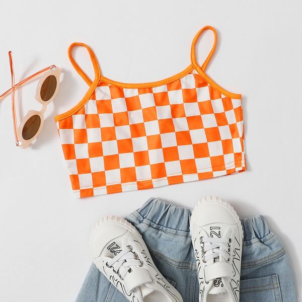 

Girls Checked Print Crop Cami Top, Orange bright