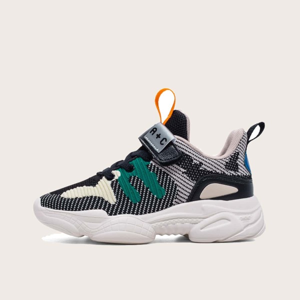 

Girls Velcro Strap Color Block Knit Sneakers, Black