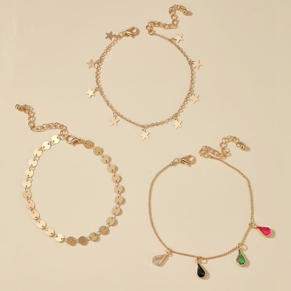 

3pcs Girls Star Water Drop Tassel Decor Anklet, Gold