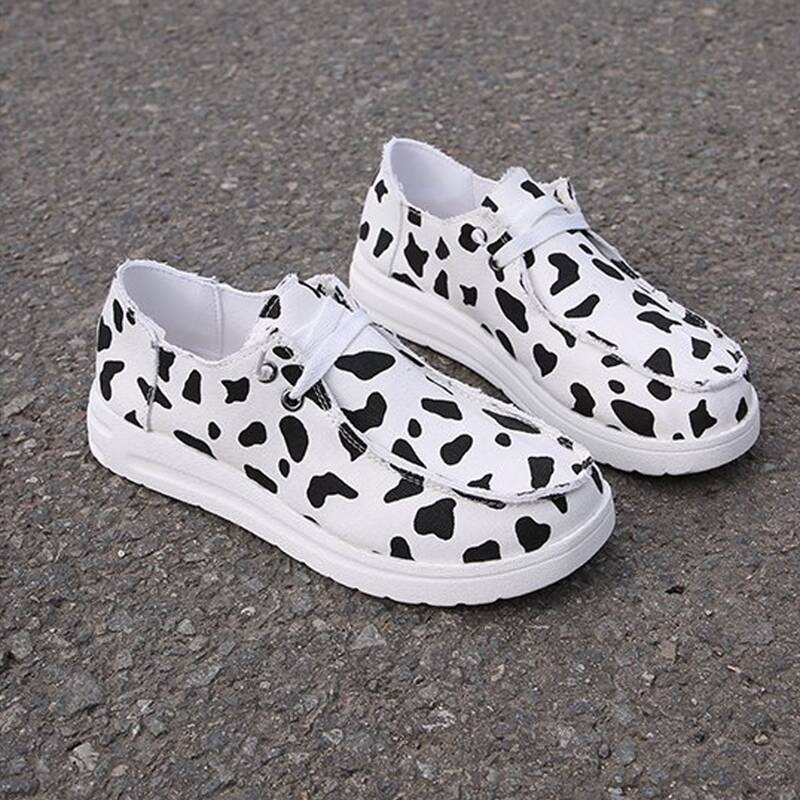 

Cow Print Lace-up Sneakers, Black and white