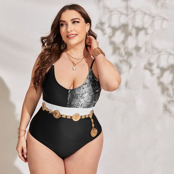 

Plus Contrast Snakeskin One Piece Swimsuit, Black