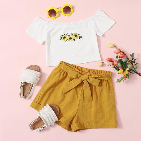 

Girls Embroidered Sunflower Bardot Top & Tie Front Cuffed Shorts Set, Multicolor