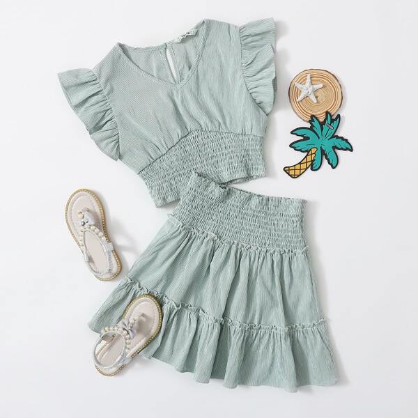 

Girls Ruffle Trim Shirred Hem Striped Top & Skirt Set, Mint green