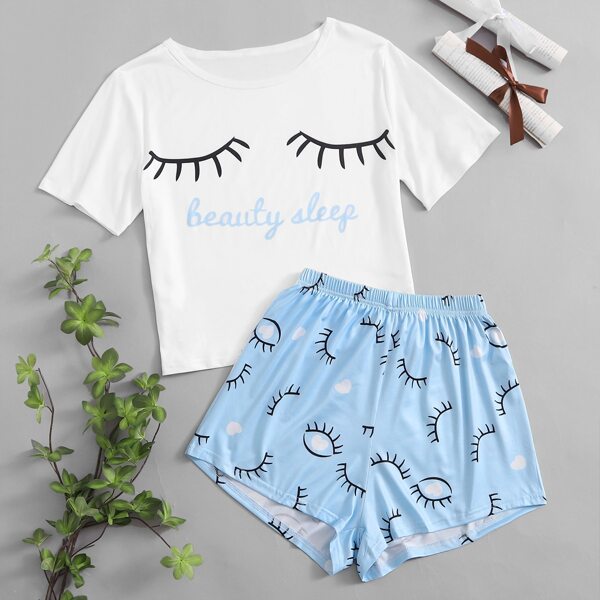

Letter & Figure Graphic Shorts PJ Set, Multicolor