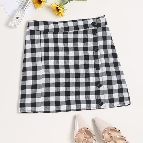 

Gingham Button Through Straight Skirt, Black and white