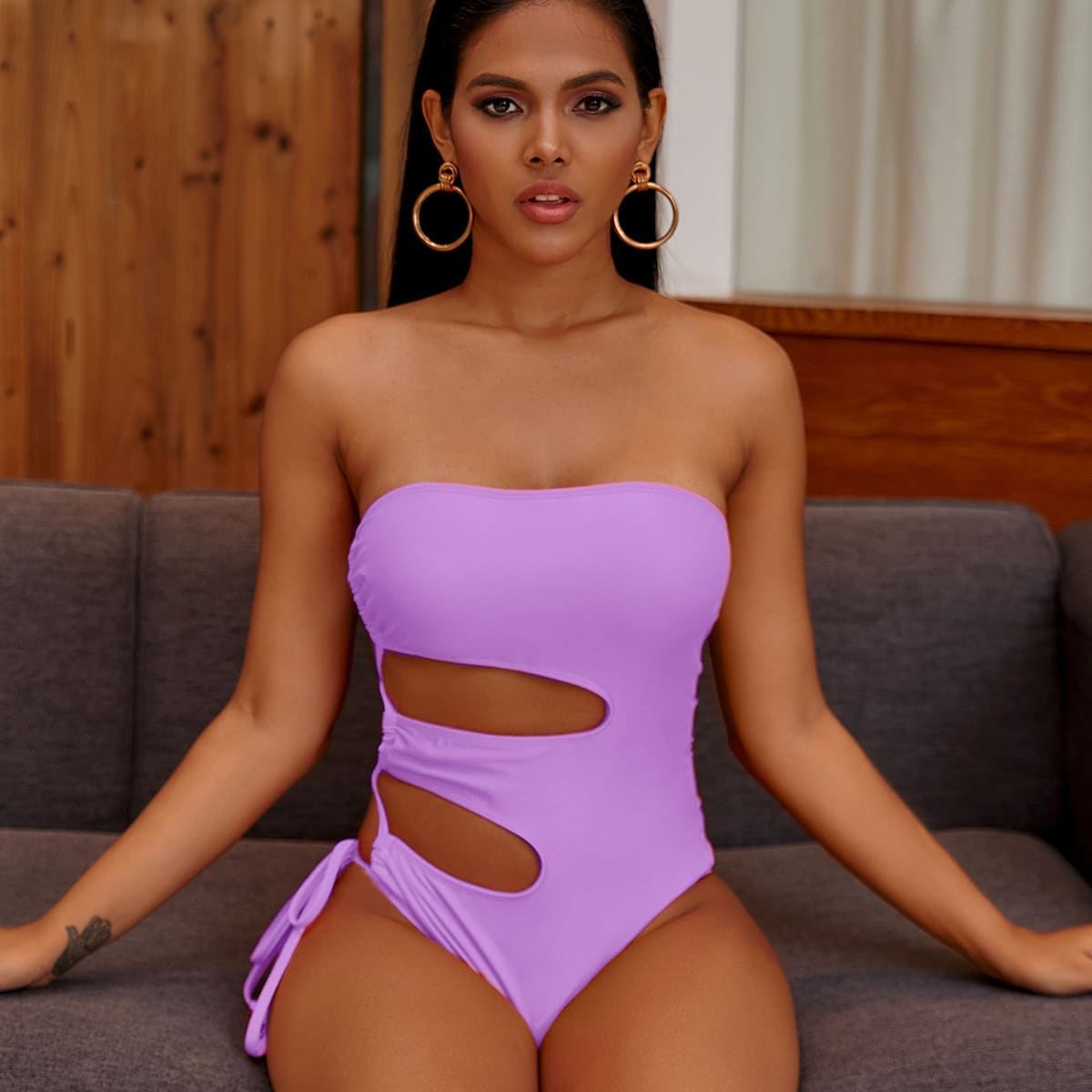 

Cut-out Tie Side Bandeau One Piece Swimsuit, Lilac purple