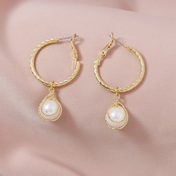 

Faux Pearl Round Drop Earrings, Gold