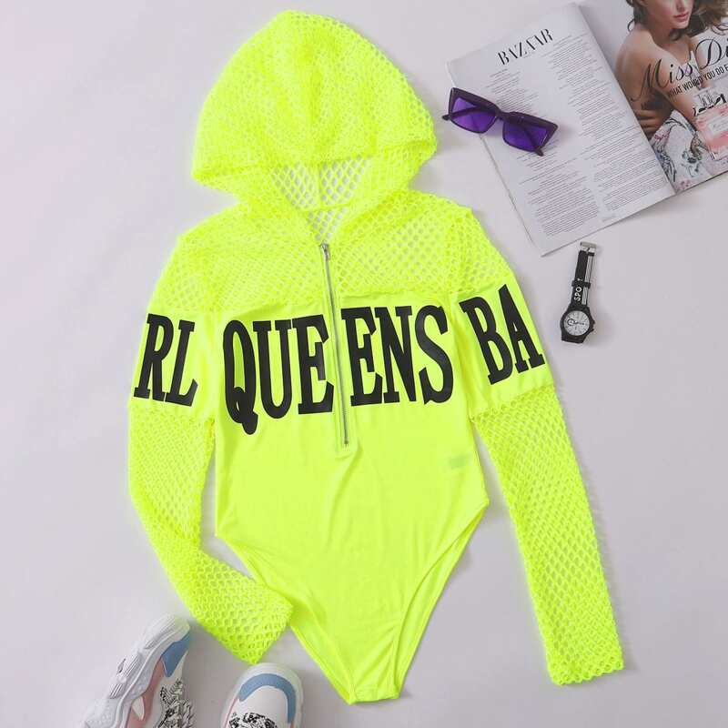 

Neon Lime Zip Up Letter Graphic Fishnet Mesh Panel Hooded Bodysuit, Neon lime green