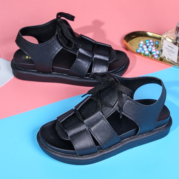 

Open Toe Lace-up Front Sandals, Black