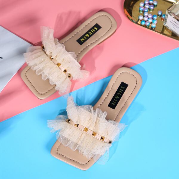 

Rivet Decor Mesh Ruffle Slide Sandals, Apricot