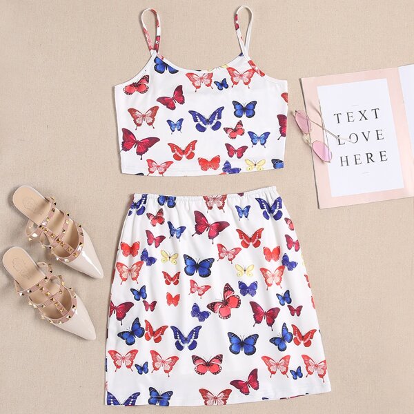 

Allover Butterfly Print Cami Top & Skirt, Multicolor