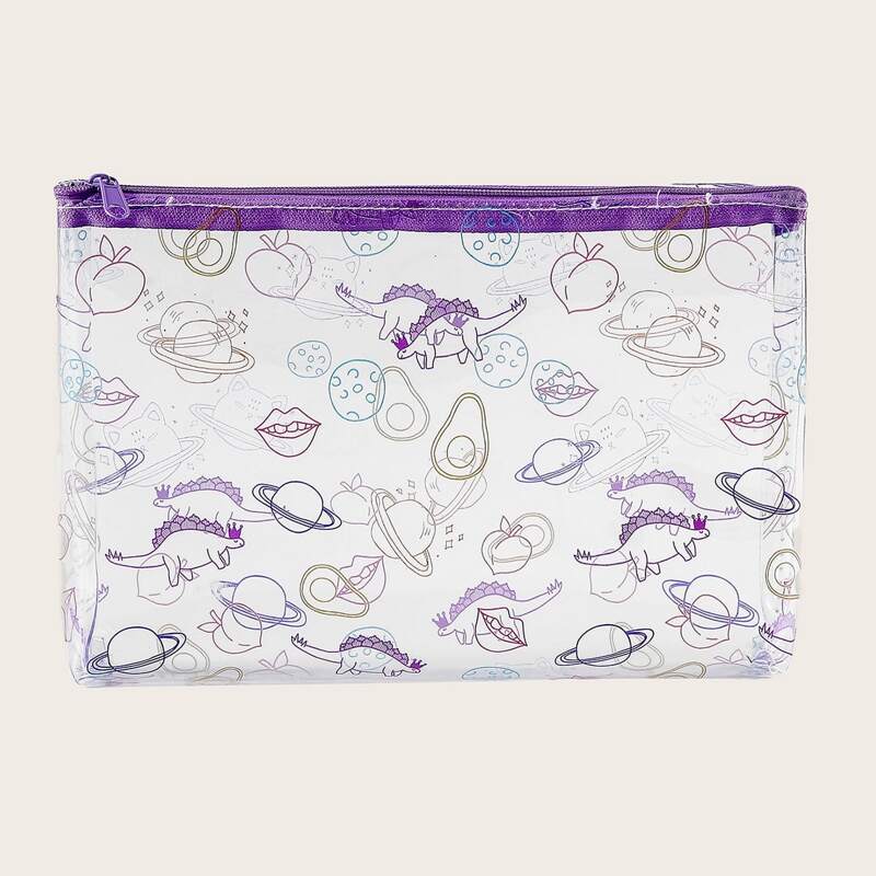 

1pc Cartoon Graphic Clear Makeup Bag, Purple