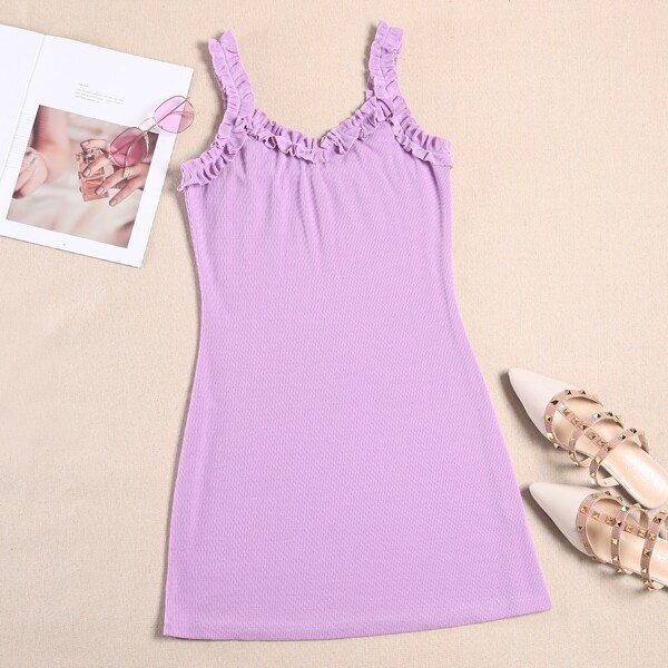

Solid Frill Trim Slip Dress, Lilac purple