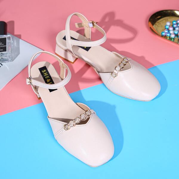 

Rhinestone Decor Ankle Strap Block Heeled Pumps, Beige