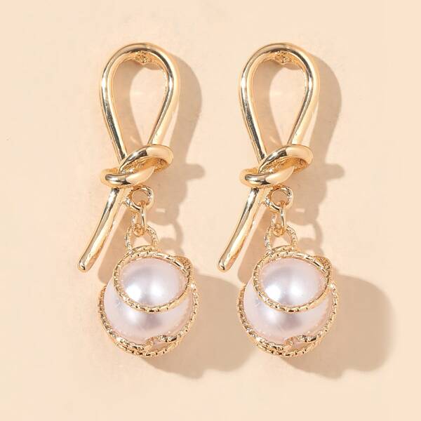 

Faux Pearl Knot Drop Earrings, Gold