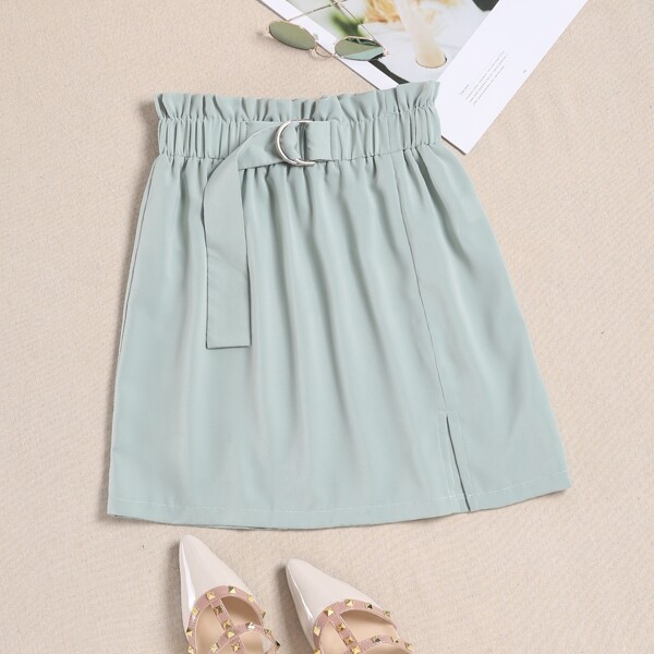 

Solid Paperbag Waist D-Ring Skirt, Mint green