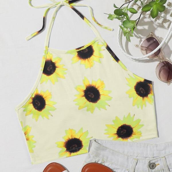 

Sunflower Print Halter Top, Beige