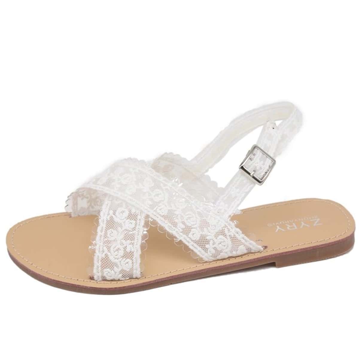 

Floral Lace Strap Slingback Sandals, White