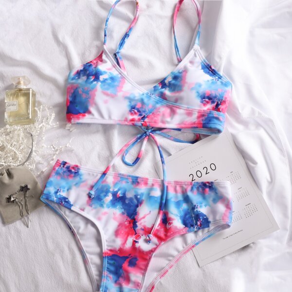 

Plus Tie Dye Wrap High Waisted Bikini Swimsuit, Multicolor