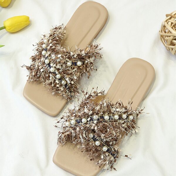 

Faux Pearl Decor Criss Cross Slide Sandals, Brown