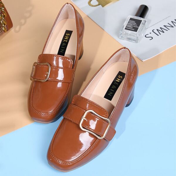 

Buckle Strap Patent Chunky Heeled Pumps, Brown