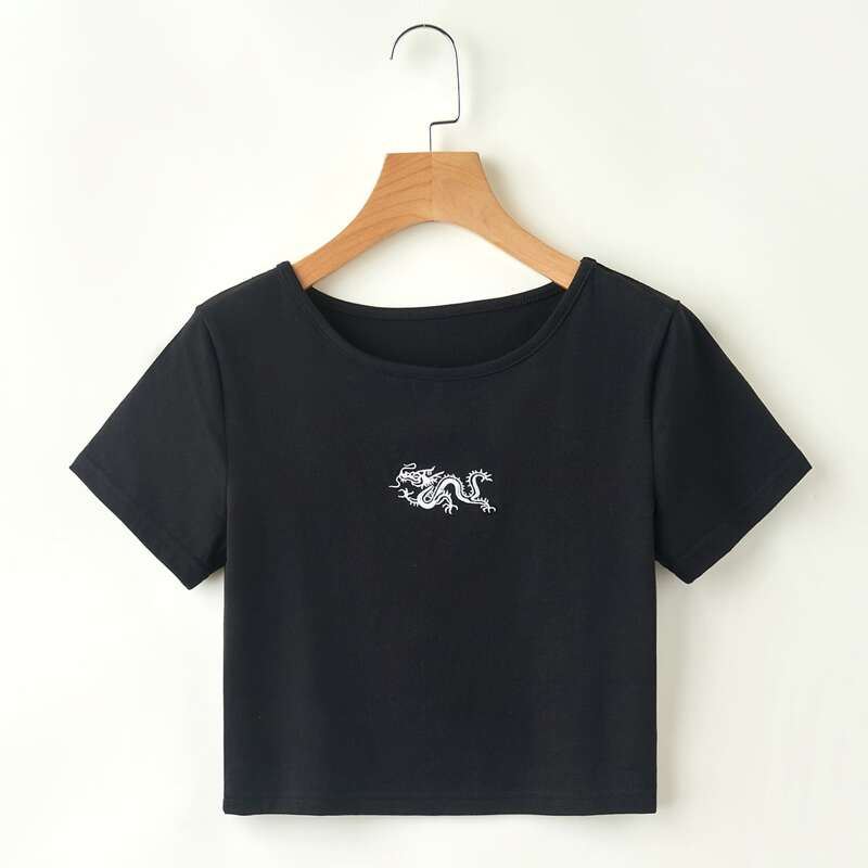 

Dragon Embroidery Crop Tee, Black