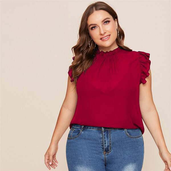 

Plus Ruffle Trim Gathered Front Top, Rose red