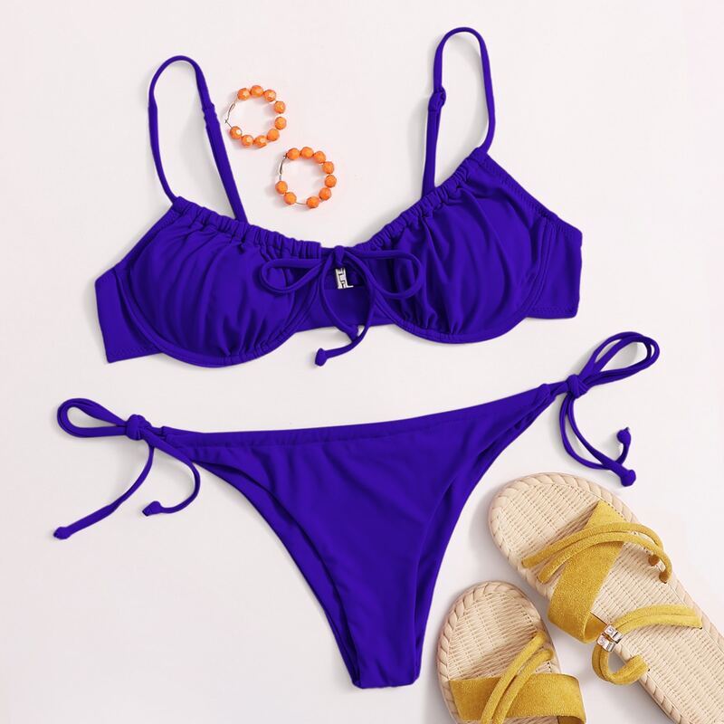 

Knot Front Underwire Tie Side Bikini Swimsuit, Royal blue bright