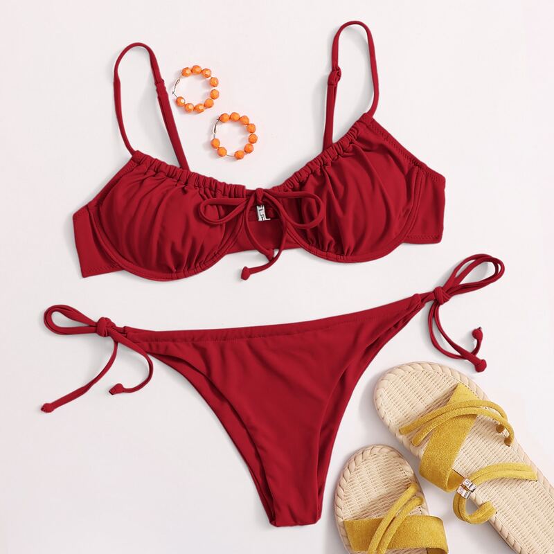 

Knot Front Underwire Tie Side Bikini Swimsuit, Burgundy