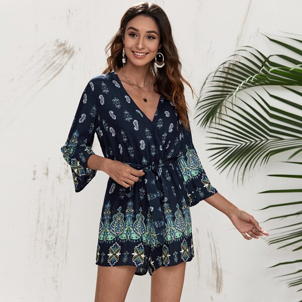 

Surplice Neck Self Belted Paisley Print Romper, Navy blue