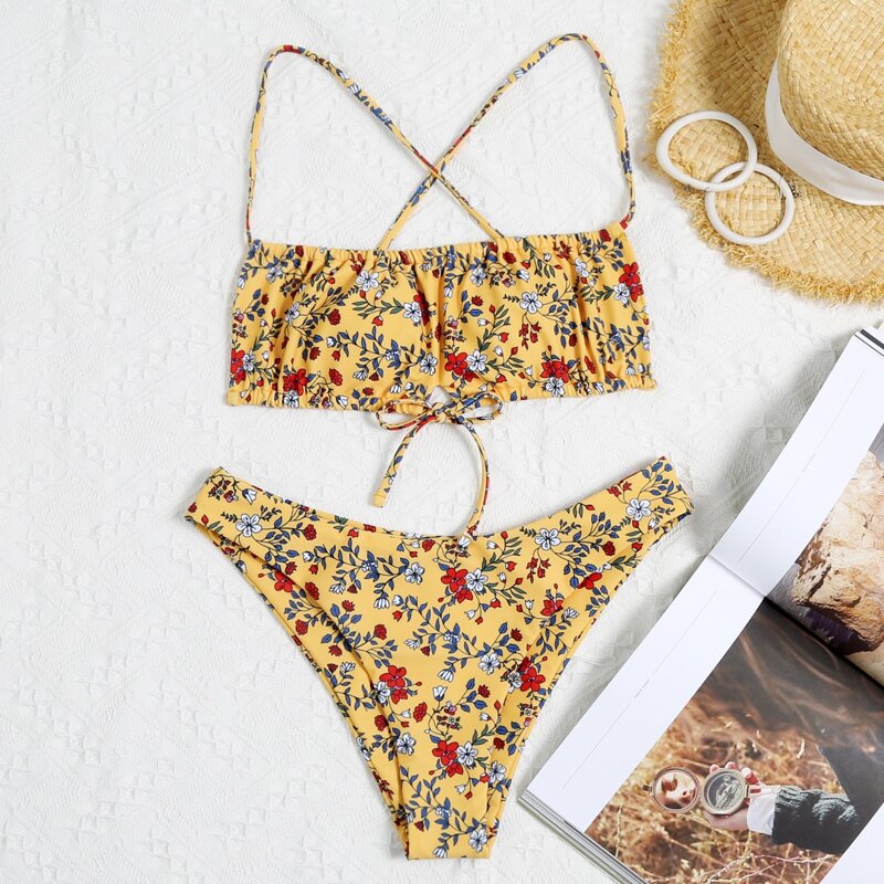 

Floral Tie Front High Cut Bikini Swimsuit, Multicolor