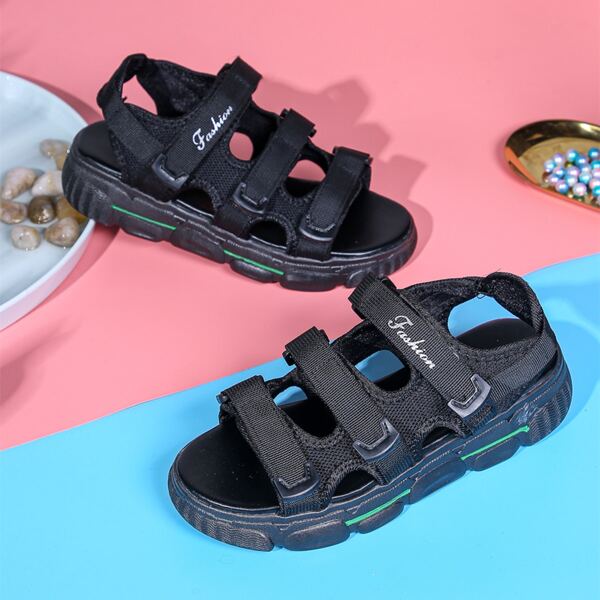 

Open Toe Cut-out Velcro Strap Sandals, Black