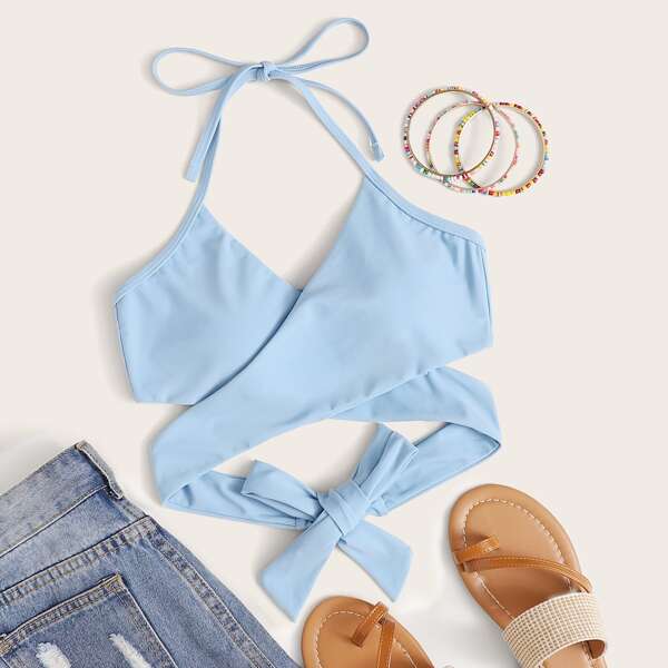 

Plus Wrap Halter Bikini Top, Pastel baby blue