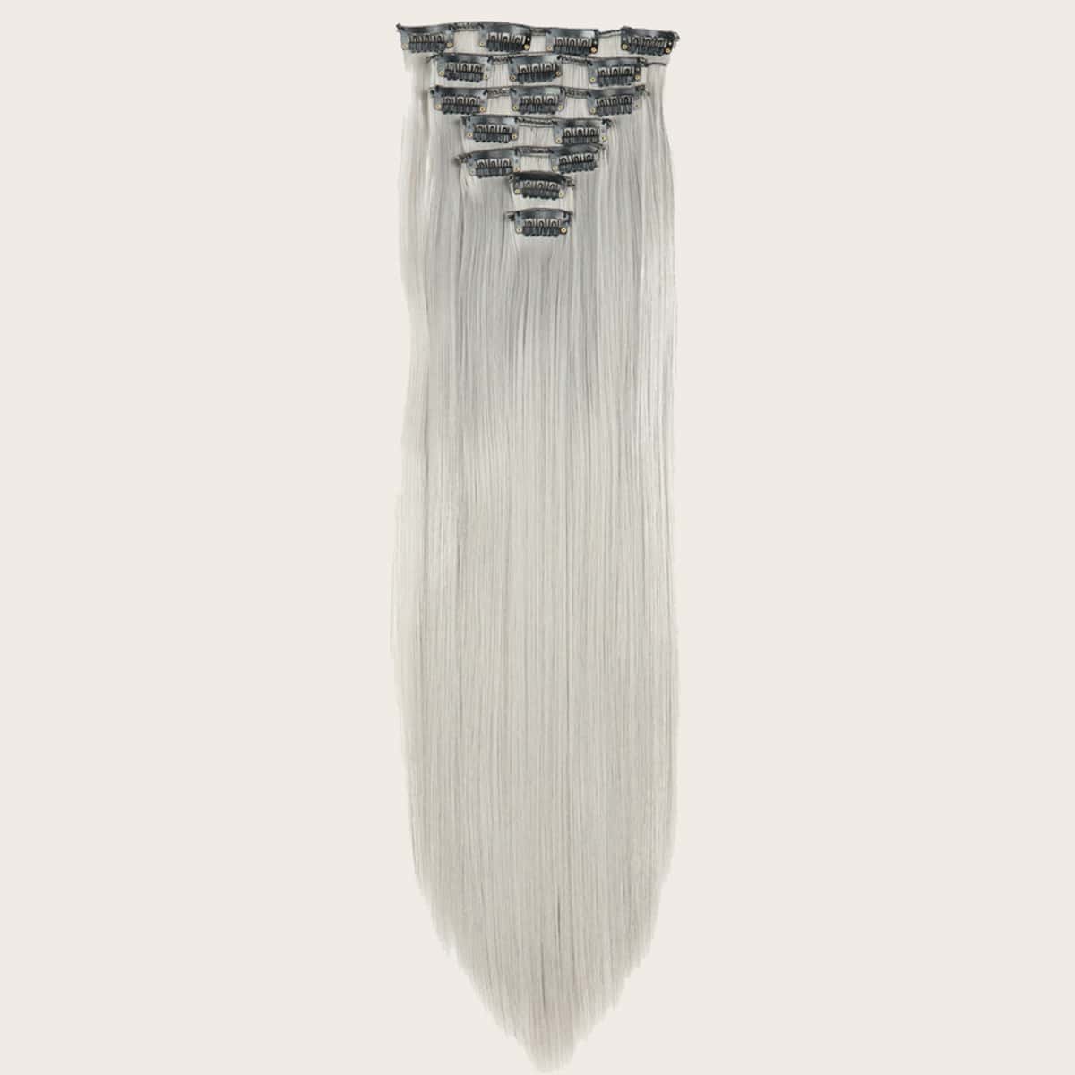 

16pcs Clip In Straight Hair Wig, Light grey