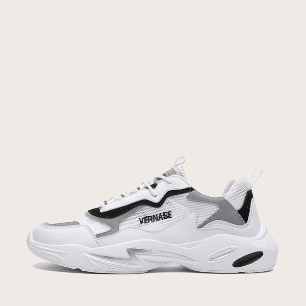 

Men Lace-up Front Mesh Panel Low Top Sneakers, White